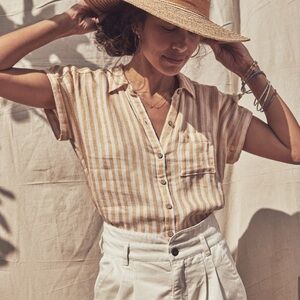 FAHERTY Linen Avery Beach Stripe Top Shirt Blouse